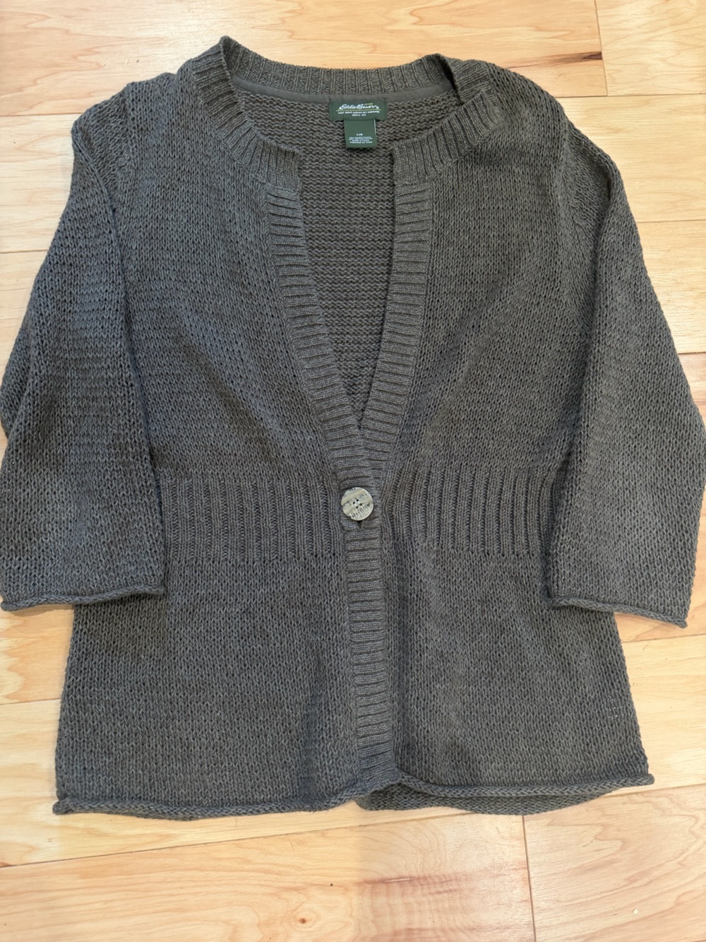 Eddie Bauer Women’s Large Gray Ramie Cotton Open Knit Cardigan Sweater Boho